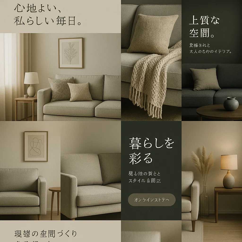 さまざまなプラットフォームでのソファの広告例